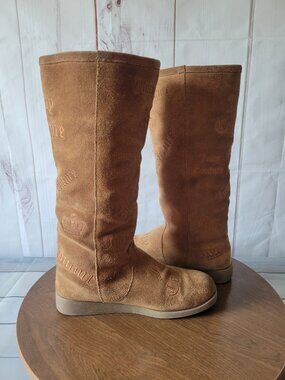 Juicy Couture Chestnut Tall Suede Faux Fur Lined Boots, Vintage Y2K Iconic Crown